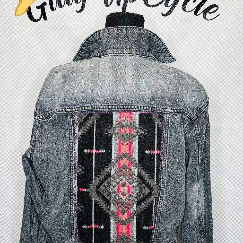 Upcycled Custom Gray jean jacket beautiful Aztec pink gray black w.Concho -S